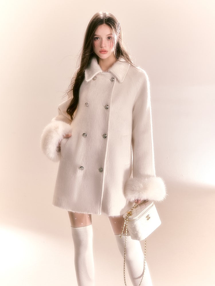 High-end Mid-length White Cotton Woolen Coat QDQ0092