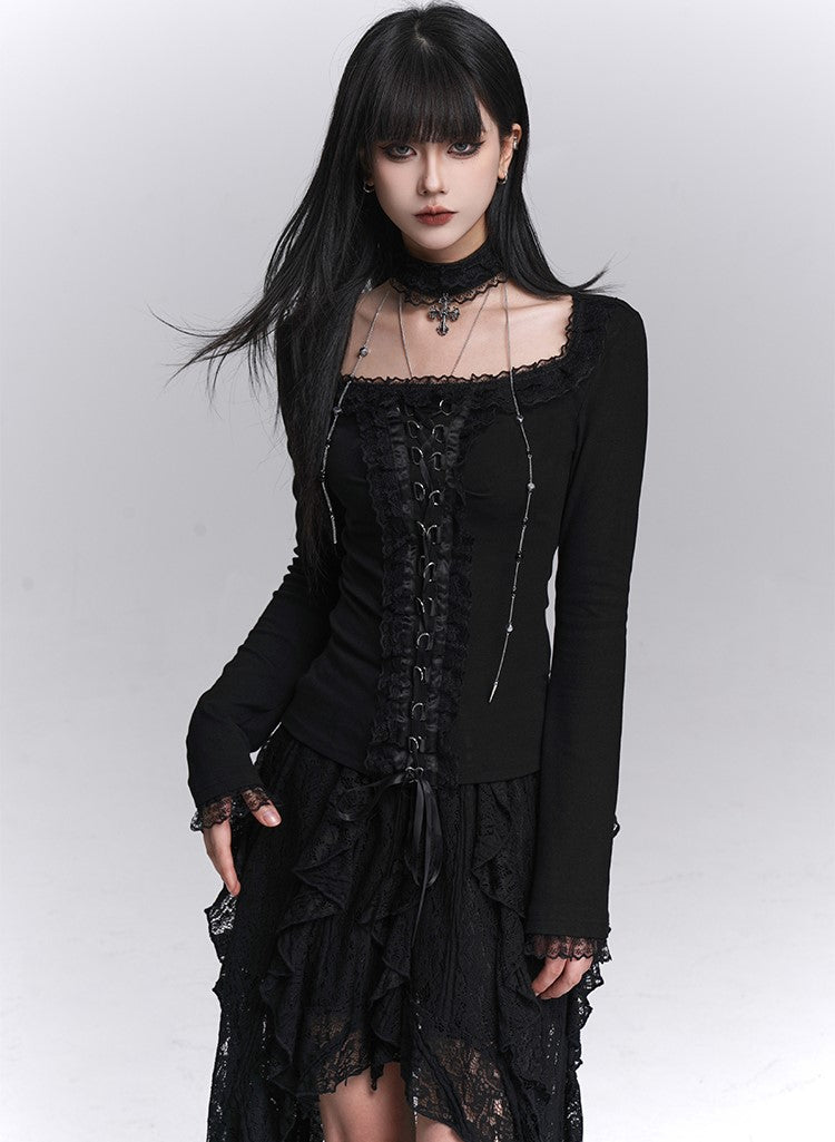 Black Long-Sleeved Lace Slim T-shirt LAD0248