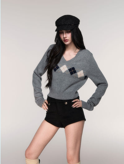 Diamond Pattern V-Neck Sweater LUL0200