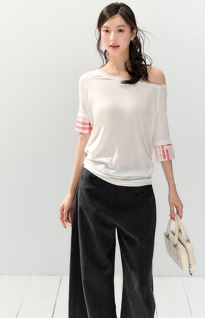 Oblique Shoulder Plaid T-shirt SHI0142