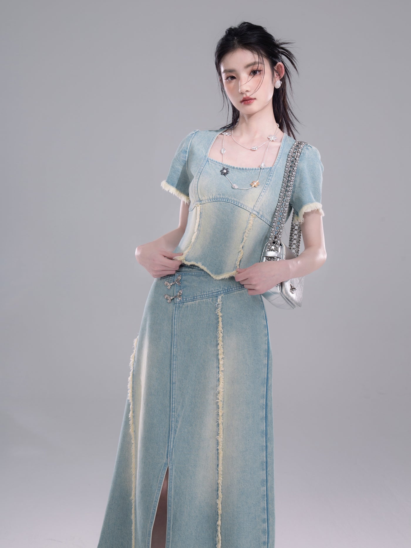 Raw-edge Denim Top/Slit Skirt COT0266