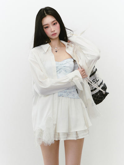 Mesh Lace Stitching Beads Shirt VIA0239