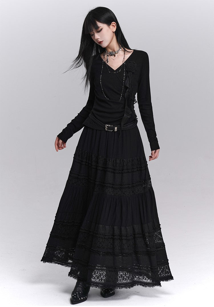Black Lace A-line Long Skirt LAD0235