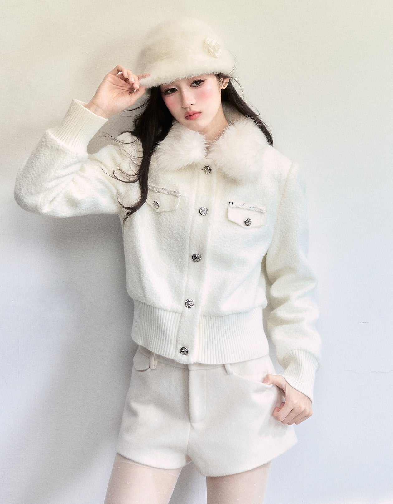 White Detachable Fur Collar Jacket FRA0504