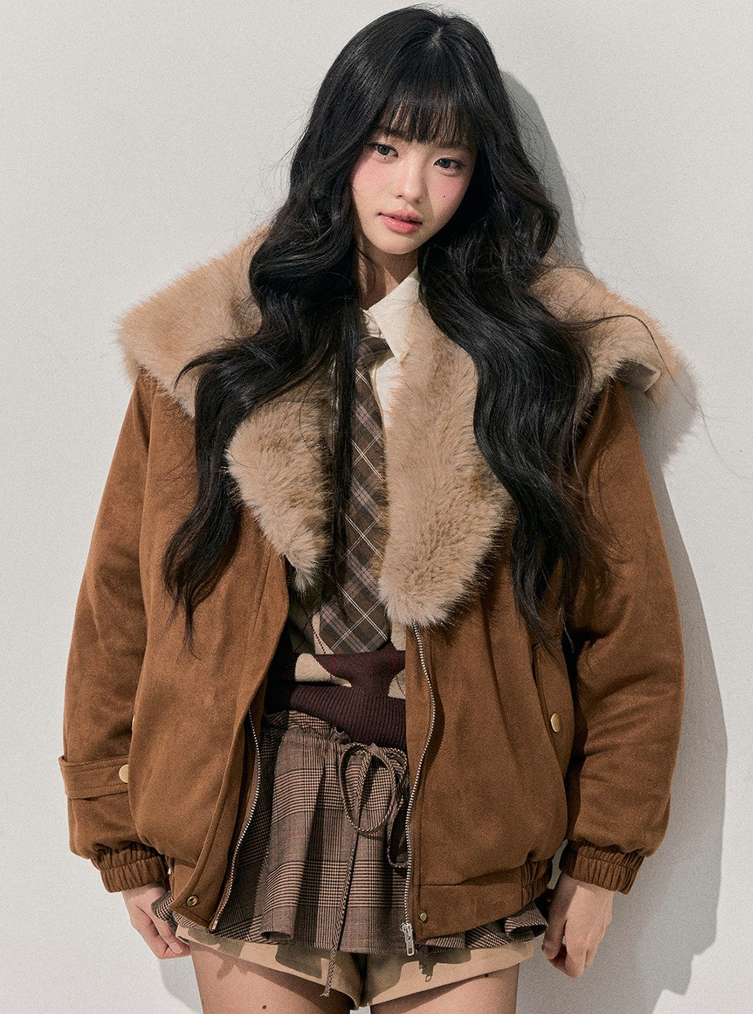 Brown Quilted Thick Detachable Fur Collar Jacket DIA0743