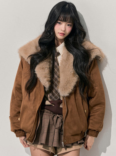 Brown Quilted Thick Detachable Fur Collar Jacket DIA0743