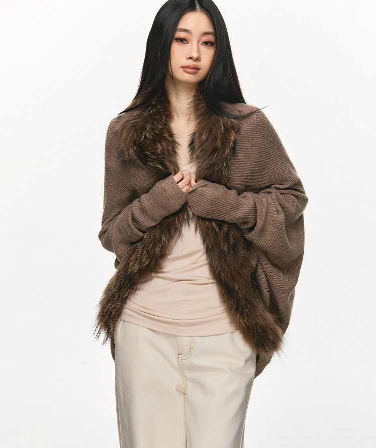 Fur Collar Patchwork Knitted Cardigan ANA0109