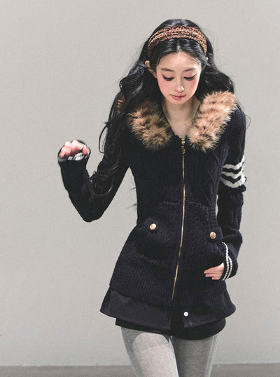 Fur Hooded Knit Cardigan DIA0705