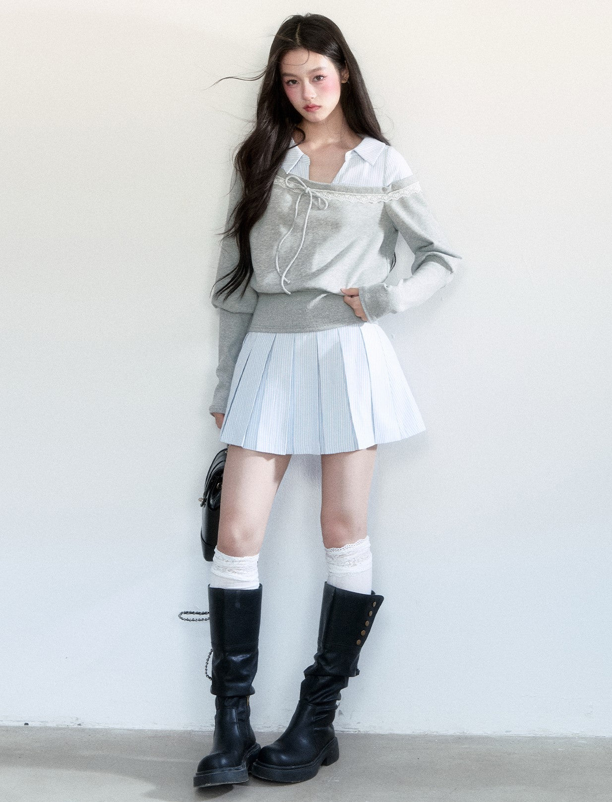 Fake Two-piece Sweatshirt/Stripe Pleated Skirt FRA0440