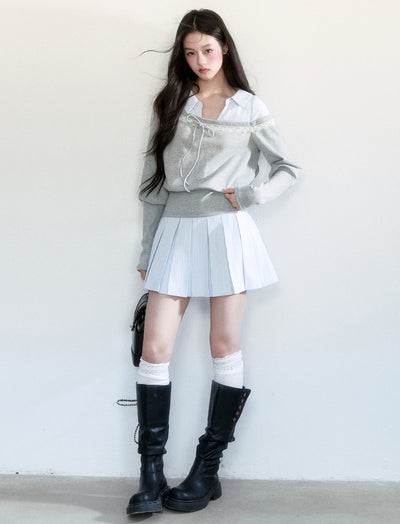 Fake Two-piece Sweatshirt/Stripe Pleated Skirt FRA0440