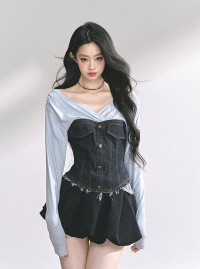 V-neck Cropped Denim T-shirt DIA0539