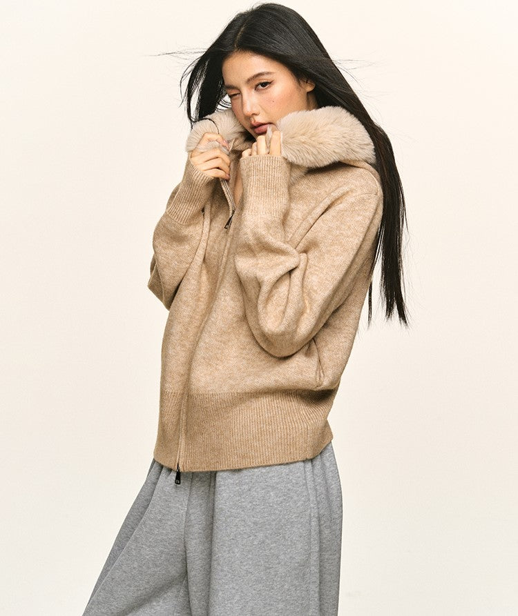 Double Zipper Large Fur Collar Knit Cardigan ANA0094