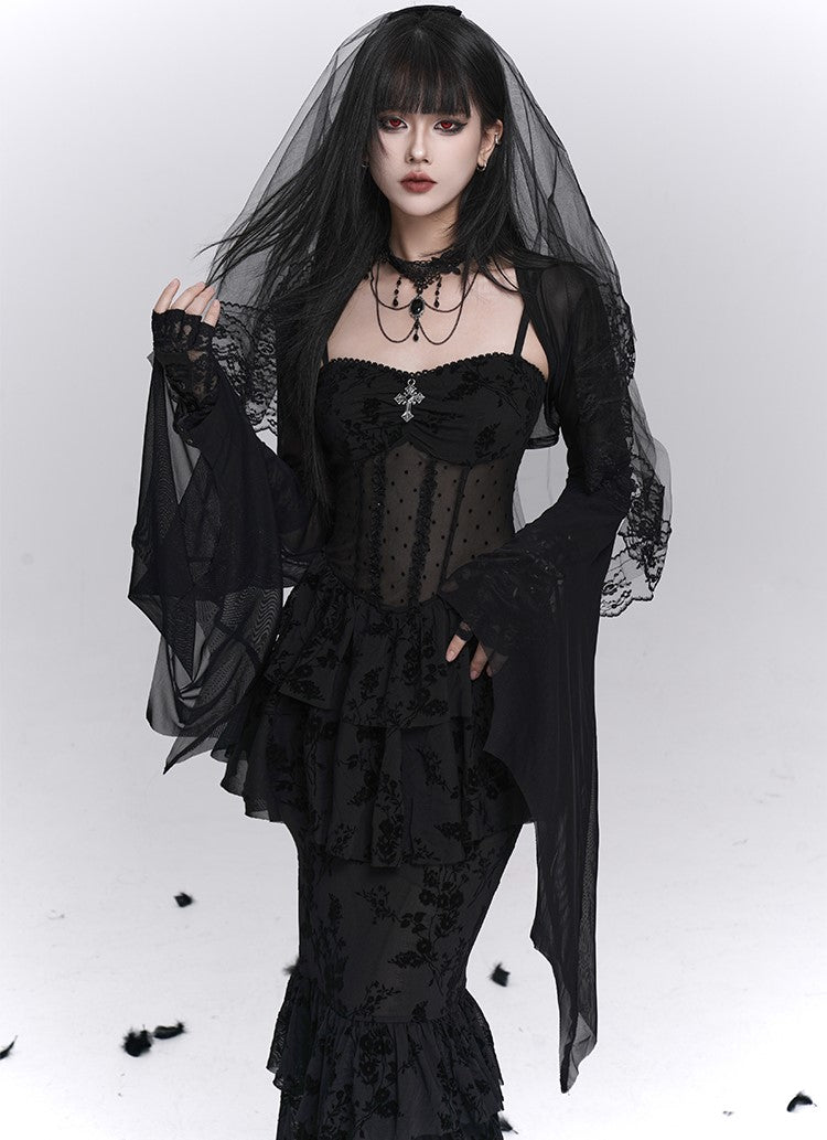 Black Fishtail Suspender Dress/Shawl LAD0242
