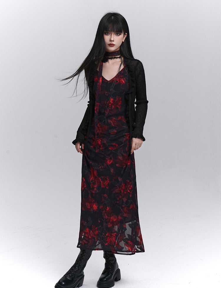 Black and Red Floral Suspender Dress LAD0185