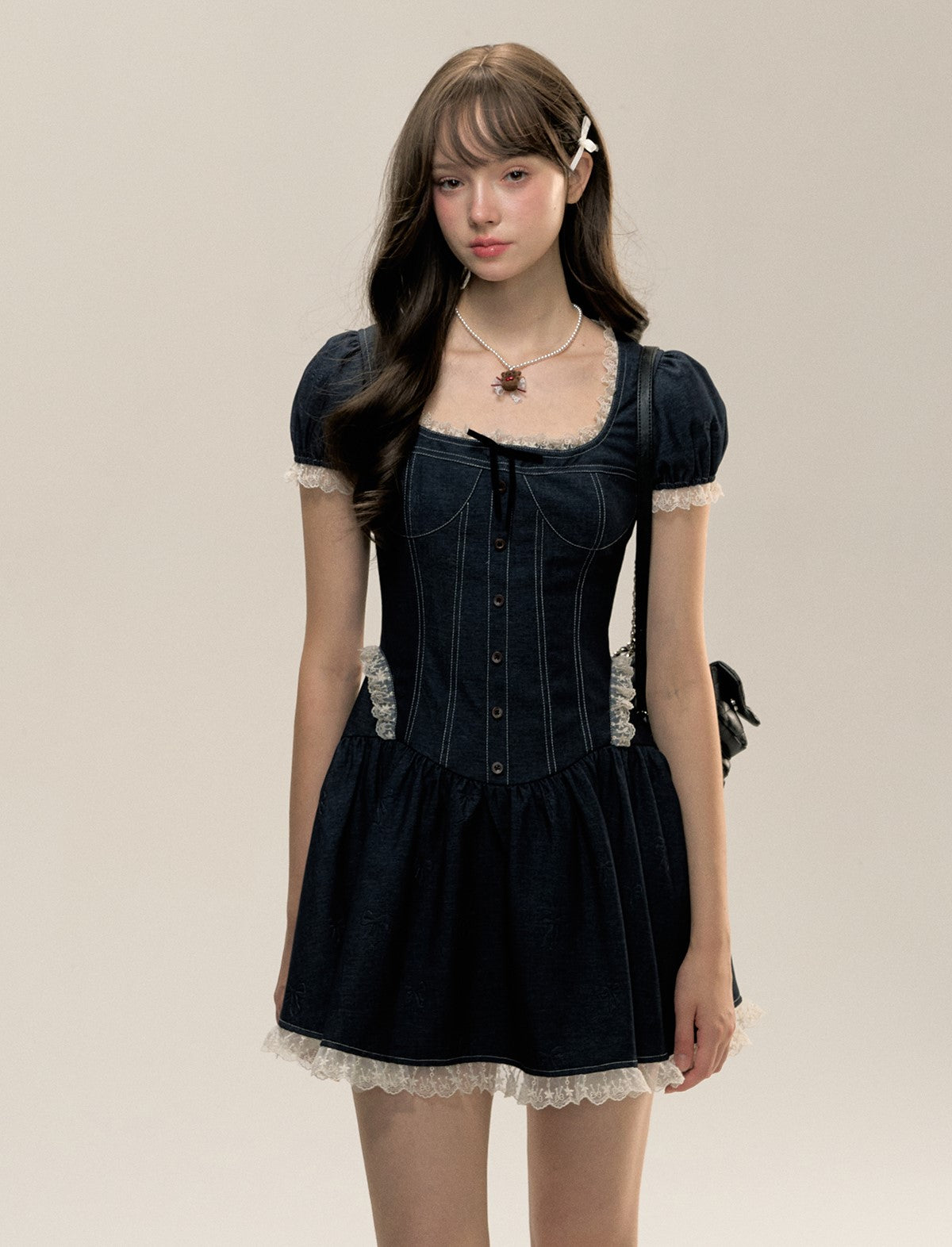 Denim Topstitch Square-neck Panelled Pleated Dress SUN0076