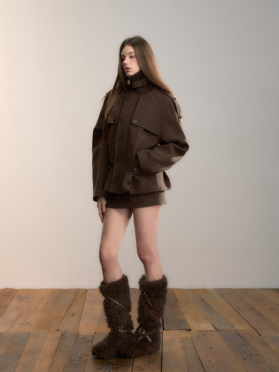 Brown High-neck Patchwork Wool Coat VIA0346