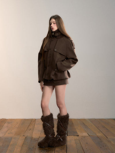 Brown High-neck Patchwork Wool Coat VIA0346