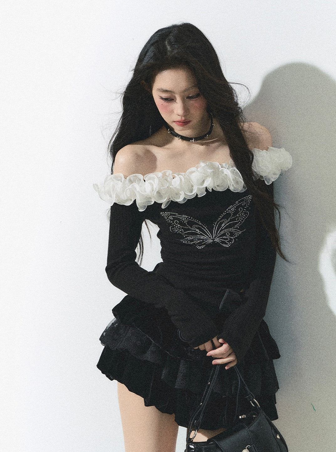 Butterfly Design One-shoulder Lace Long-sleeved Slim T-shirt DIA0260