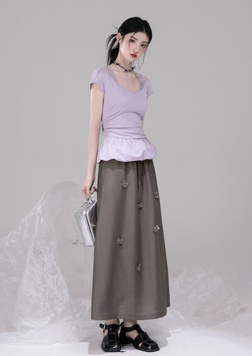 Purple Waist Slim Short Sleeve T-shirt COT0306