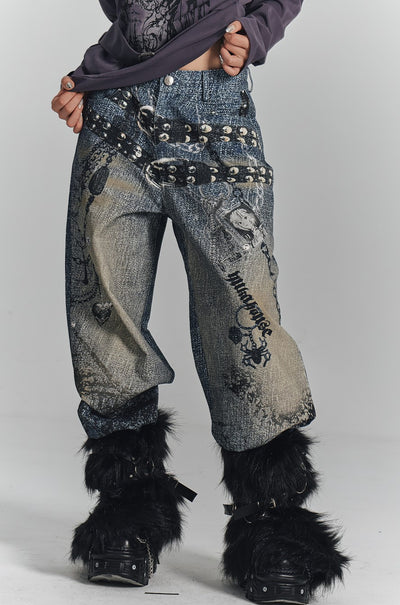 Chain Digital Print Wide-leg Jeans KIN0132
