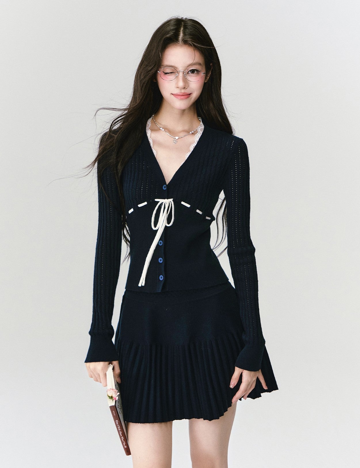 Cable Knit Cardigan/Pleated Skirt FRA0430