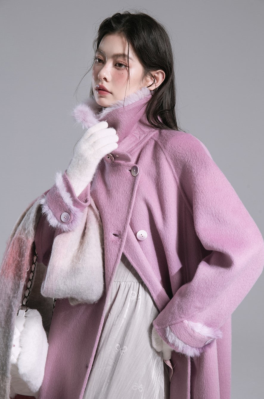 Midnight Plum Purple Furry Stand Collar Silk Double-faced Tweed Coat COT0182