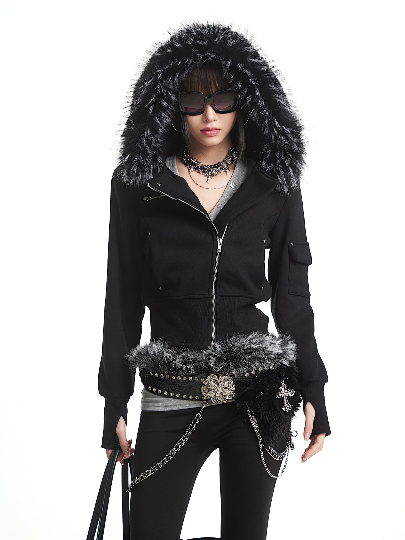 Black Fur-Collar Hooded Sweatshirt Short Jacket UNC0325