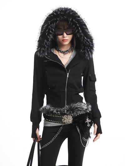 Black Fur-Collar Hooded Sweatshirt Short Jacket UNC0325