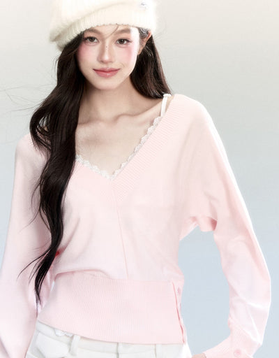 Batwing Sleeves V-Neck Sweater/Lace Camisole FRA0460