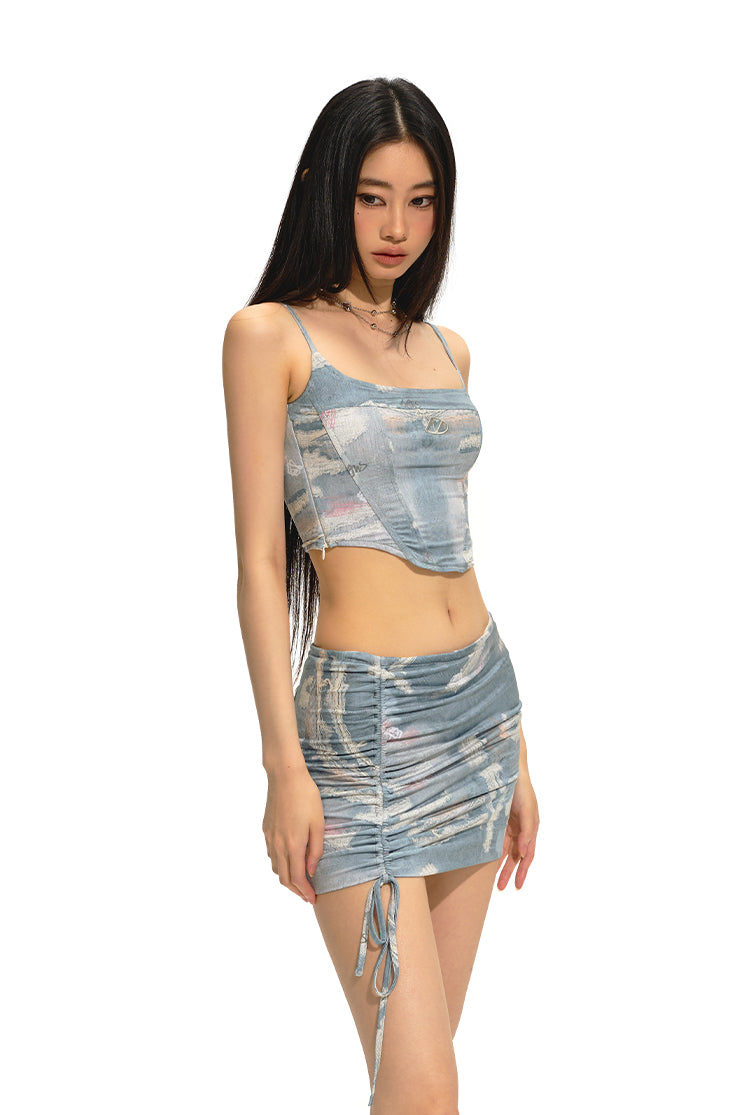 Blue Sky And White Clouds Full Print Sling Short Camisole/Pleated Skirt NOT0195