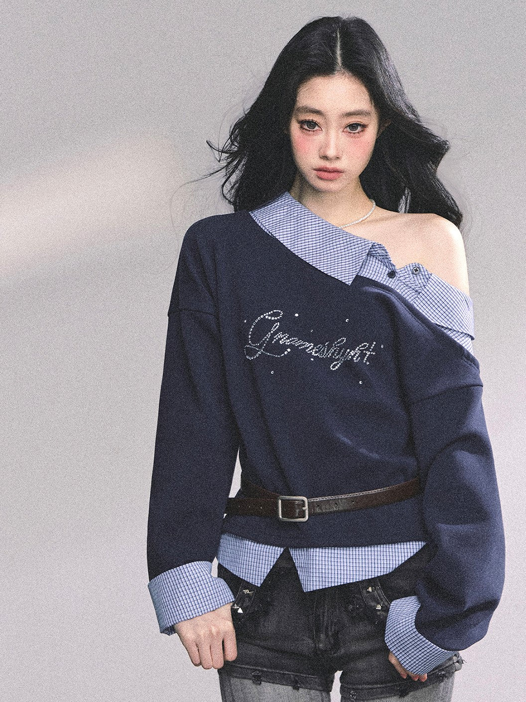 Fake Two-piece One Shoulder Plaid Sweatshirt DIA0626