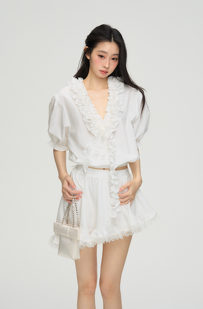 Cream Lace V-neck Shirt/Skirt PUN0068