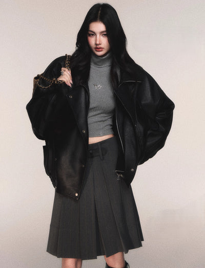 Black Lapel Leather Jacket LUL0212