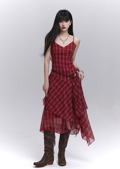Irregular Hem Plaid Suspender Dress LAD0186