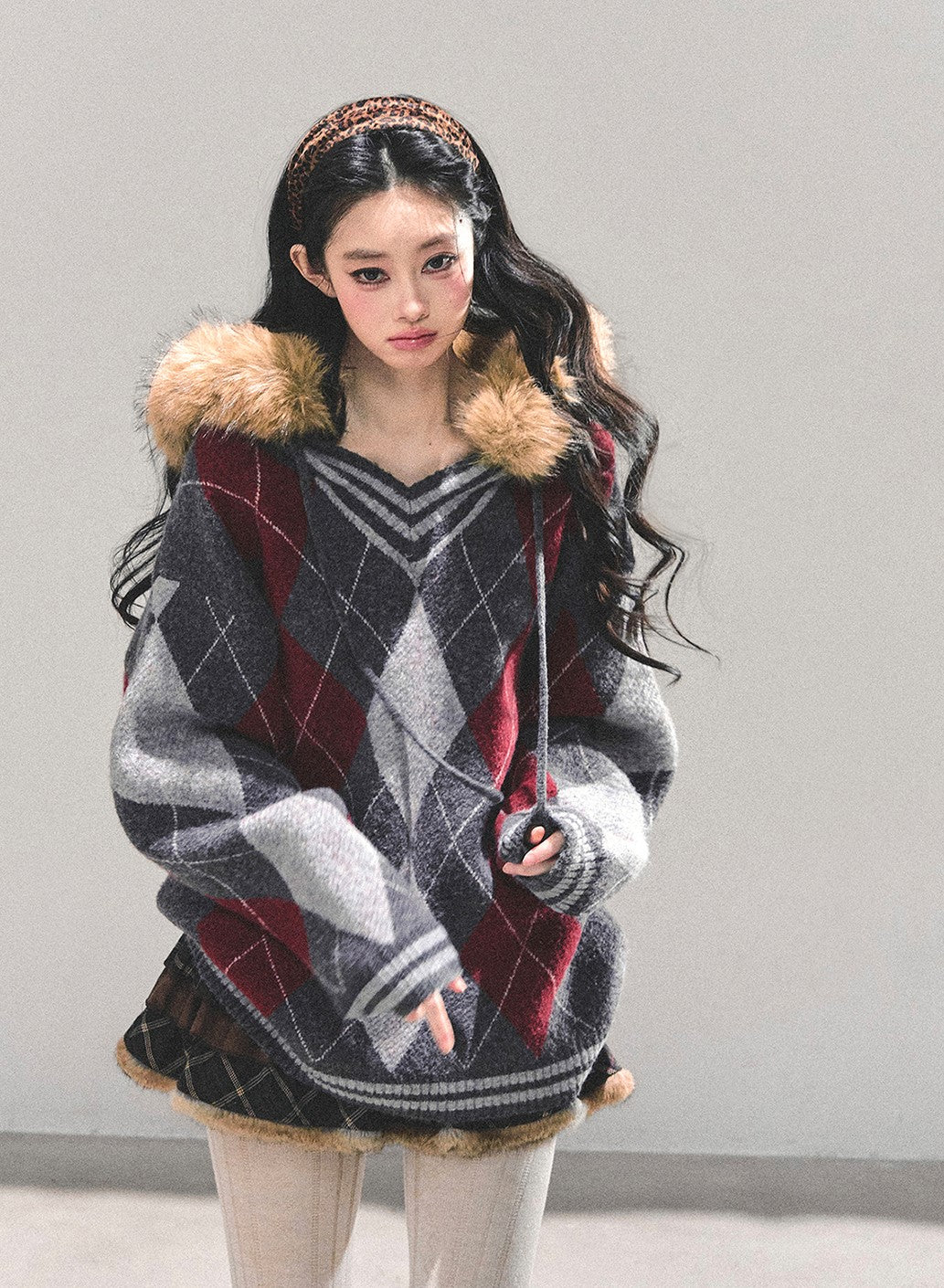 American Preppy Style Fur-Collar Argyle Sweater DIA0696