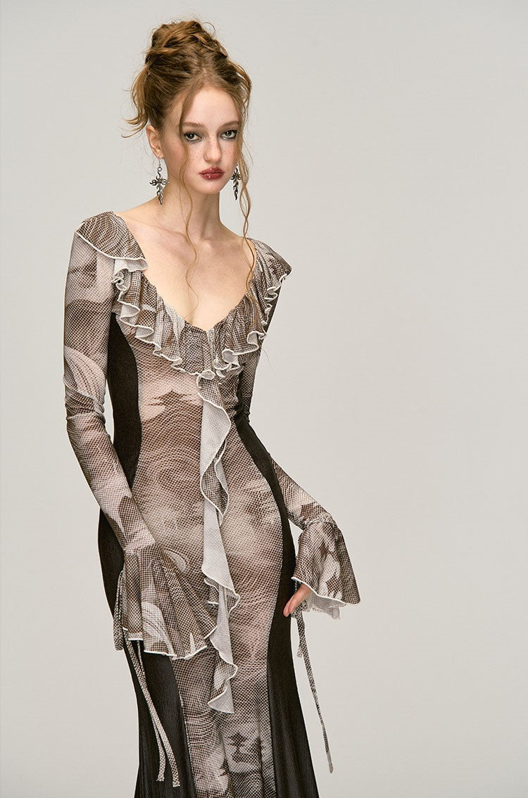 Ruffle Hem Printed Slim Long Dress 4MU0035