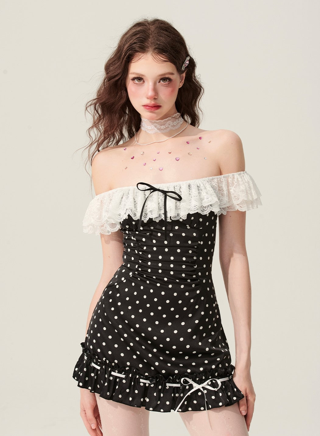 Black One-shoulder Polka Dot Dress DIA0176