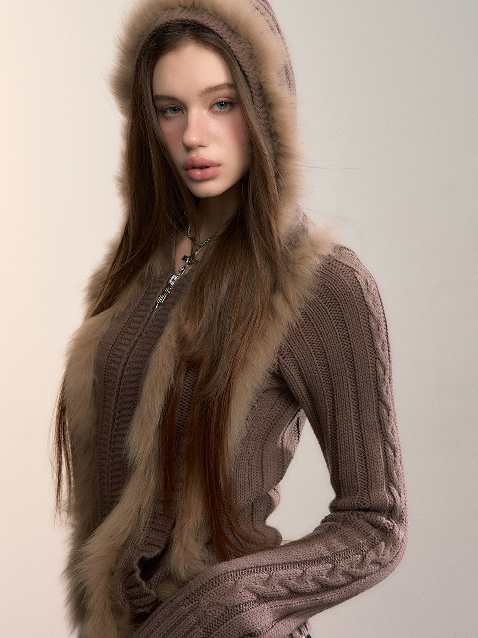 Fur Patchwork Knitted Hooded Cardigan VIA0356