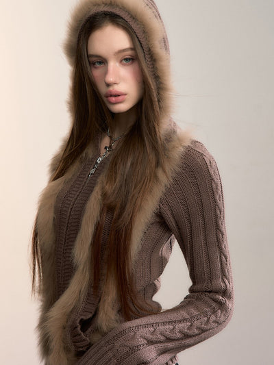 Fur Patchwork Knitted Hooded Cardigan VIA0356