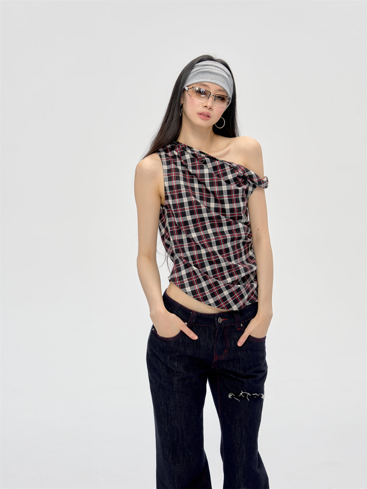 Retro Off-shoulder Plaid Top CUR0208