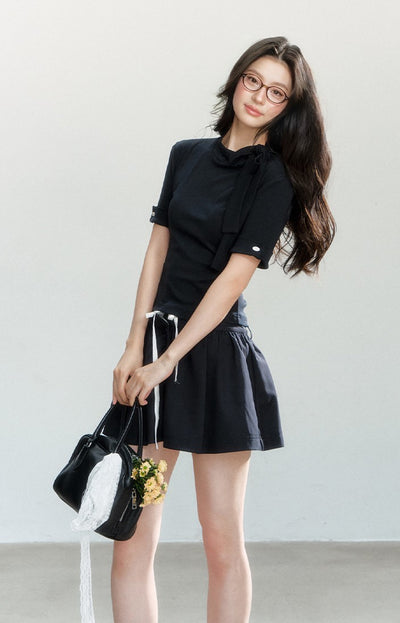 Bow Tie Drawstring Slim Top/Skirt SHI0170