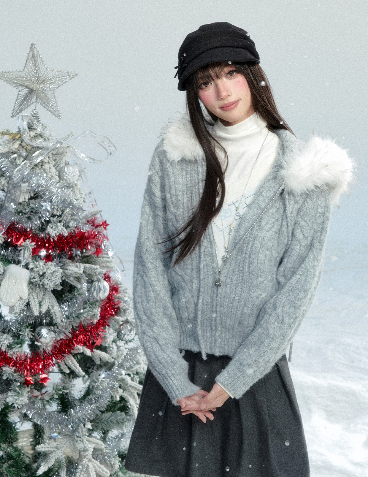 Large Fur Collar Knitted Jacket FRA0474