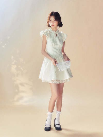 Flying Sleeve Beige Umbrella Dress SUN0056