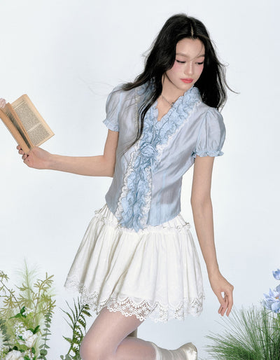 Gray Blue Flower Puff Sleeves Shirt FRA0347