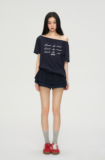 Letter Print One-shoulder Casual T-shirt PUN0070