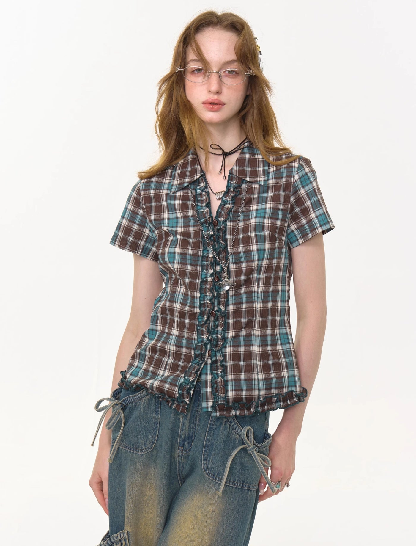 Lace Brown And Blue Plaid Short-sleeved Shirt ZIZ0276