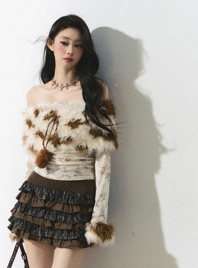 One Shoulder Long Sleeve Fur Tie-Dye Knitted Sweater DIA0250