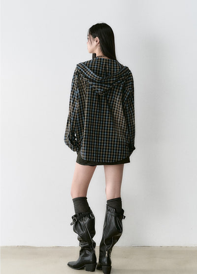 Washed Distressed Hooded Plaid Shirt VIA0166