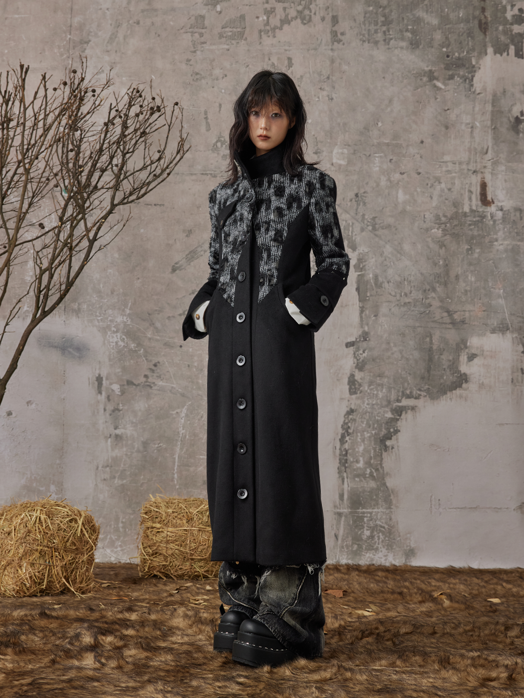 High-end Slim-fit Stand-up Collar Wool Long Coat FRU0071