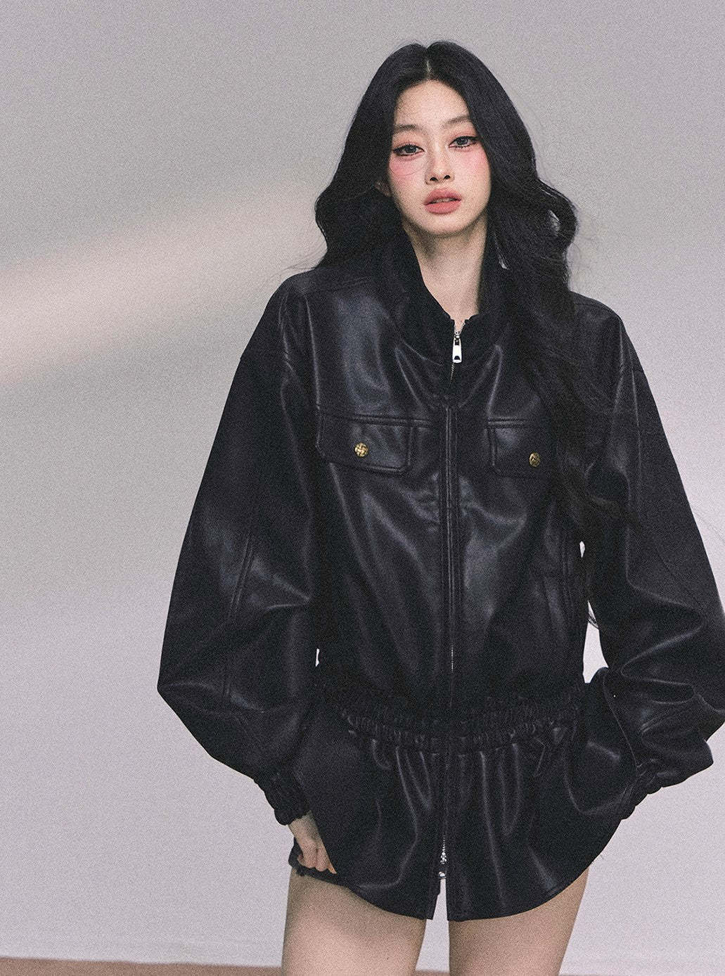 Stand Collar Black Leather Jacket DIA0603